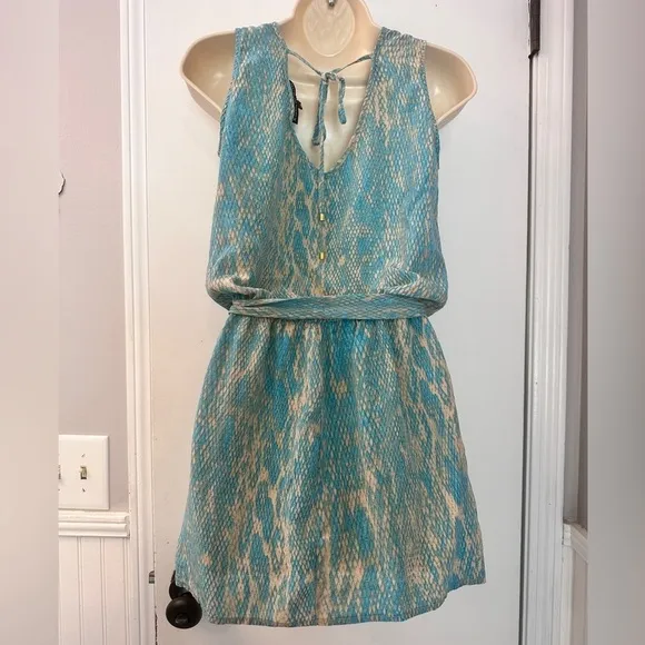 Karina Grimaldi Blue Snake Print Silk Mini Dress Belted 100% Silk Size XS