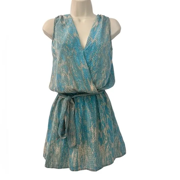Karina Grimaldi Blue Snake Print Silk Mini Dress Belted 100% Silk Size XS