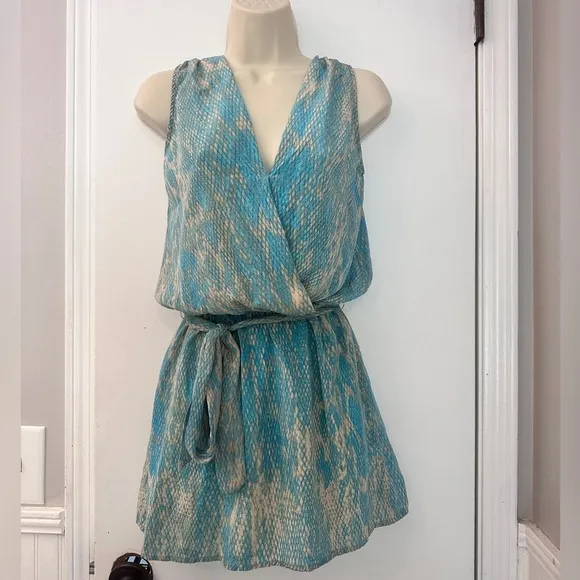 Karina Grimaldi Blue Snake Print Silk Mini Dress Belted 100% Silk Size XS