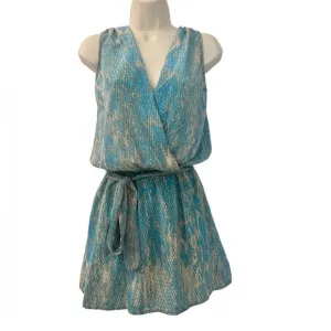 Karina Grimaldi Blue Snake Print Silk Mini Dress Belted 100% Silk Size XS