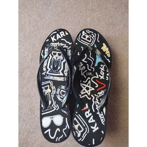 Karl Lagerfeld Women's Nola Graffiti Multicolor‎ Wedge Slides Size 10