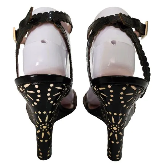 Kate Spade Iago Laser Cutout Wedge Sandals Black Patent Leather Size 9