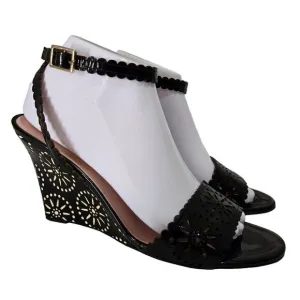 Kate Spade Iago Laser Cutout Wedge Sandals Black Patent Leather Size 9