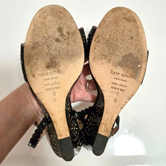 Kate Spade Iago Laser Cutout Wedge Sandals Black Patent Leather Size 9