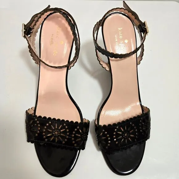 Kate Spade Iago Laser Cutout Wedge Sandals Black Patent Leather Size 9