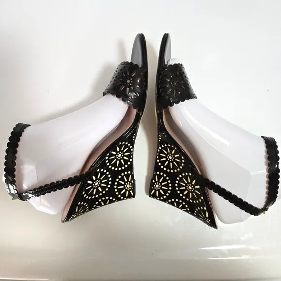 Kate Spade Iago Laser Cutout Wedge Sandals Black Patent Leather Size 9