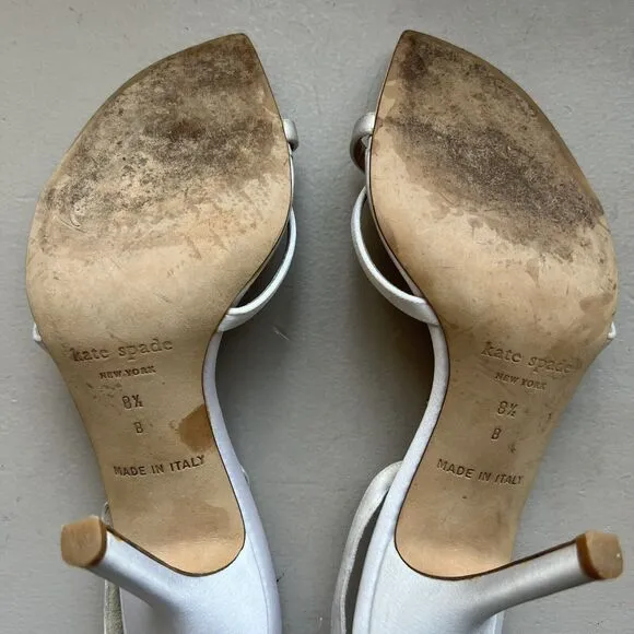 Kate Spade Ivory Satin Heeled Sandal Shoes w/ Bow on Slingback Women’s Size 8.5