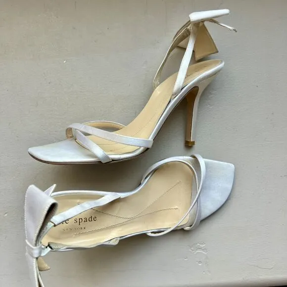 Kate Spade Ivory Satin Heeled Sandal Shoes w/ Bow on Slingback Women’s Size 8.5
