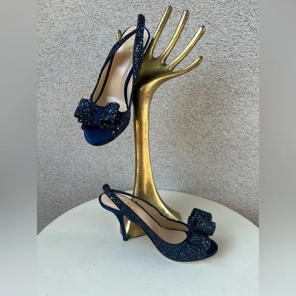 Kate Spade NY CHARM sling back shoes 3.5” heel navy blue glitter satin Sz 6B