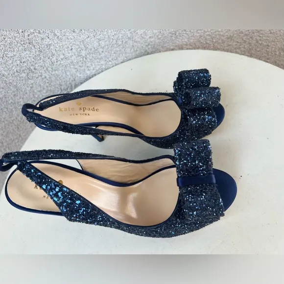 Kate Spade NY CHARM sling back shoes 3.5” heel navy blue glitter satin Sz 6B