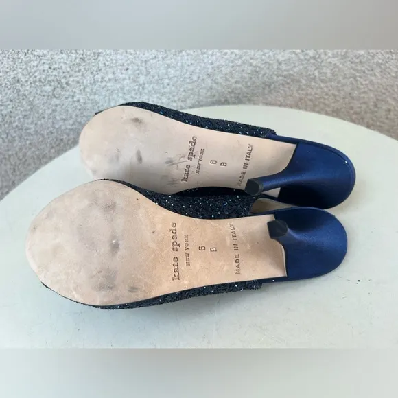 Kate Spade NY CHARM sling back shoes 3.5” heel navy blue glitter satin Sz 6B