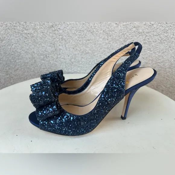 Kate Spade NY CHARM sling back shoes 3.5” heel navy blue glitter satin Sz 6B