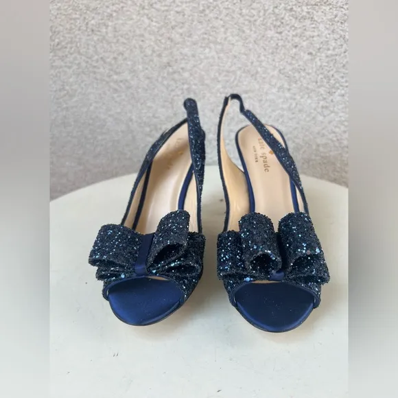 Kate Spade NY CHARM sling back shoes 3.5” heel navy blue glitter satin Sz 6B