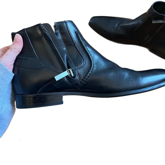 Kenneth Cole Top Shelf Black Leather Ankle Boots with Double Side Zippers Mens 9