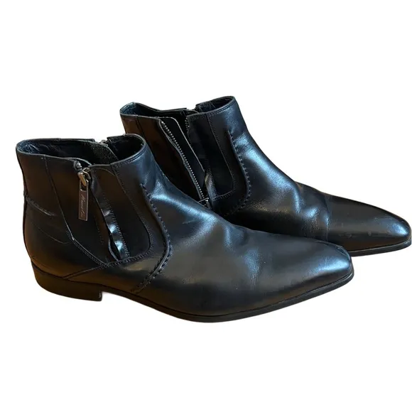 Kenneth Cole Top Shelf Black Leather Ankle Boots with Double Side Zippers Mens 9
