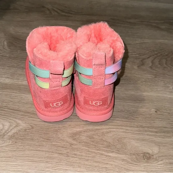 Kid's UGG Boots Pink Mini Short Uggs with cute Pastel Rainbow Watercolor Straps
