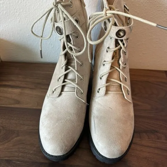Koi Footwear Suede Beige Combat Boots Heeled Zip Up Buckles Size 6