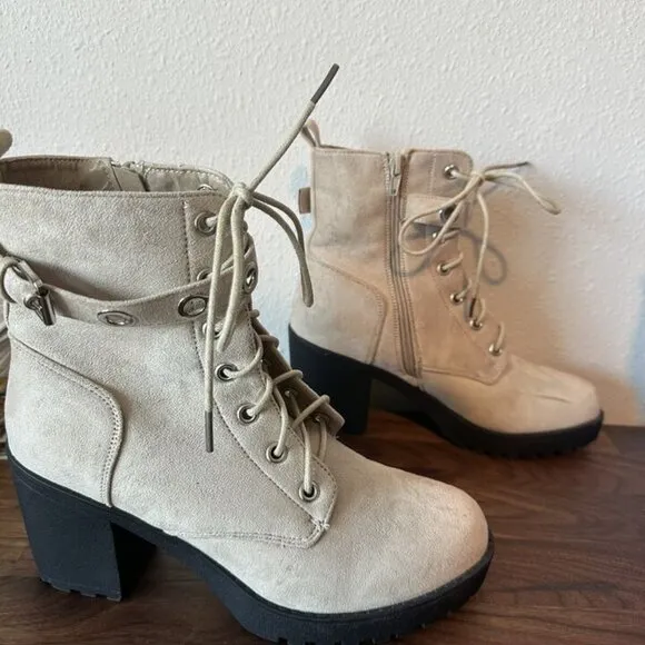 Koi Footwear Suede Beige Combat Boots Heeled Zip Up Buckles Size 6