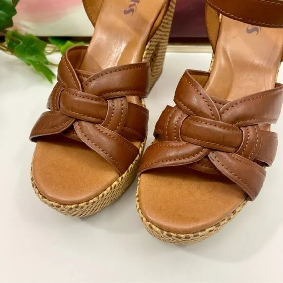 Korks by Kork-Ease Dee Sandals Strappy Wedge Heel Platforms Cognac Brown Size 10