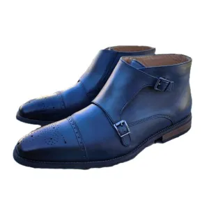 La Milano Blue Burnished Leather Double Monk Strap Cap Toe Boots 13