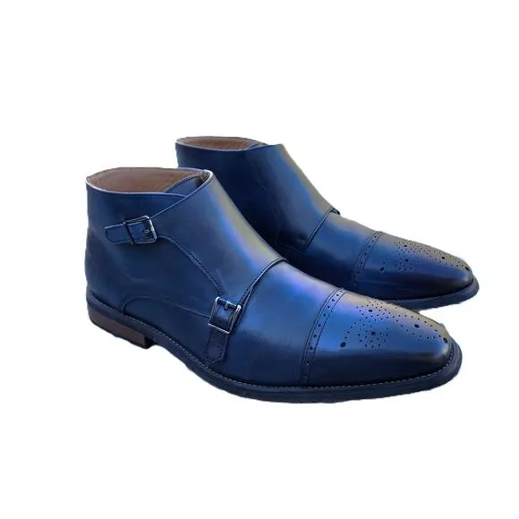 La Milano Blue Burnished Leather Double Monk Strap Cap Toe Boots 13