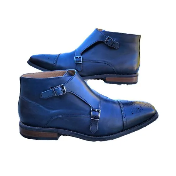 La Milano Blue Burnished Leather Double Monk Strap Cap Toe Boots 13