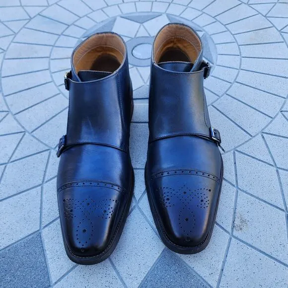 La Milano Blue Burnished Leather Double Monk Strap Cap Toe Boots 13