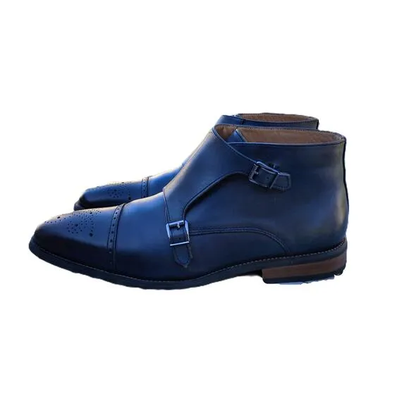 La Milano Blue Burnished Leather Double Monk Strap Cap Toe Boots 13