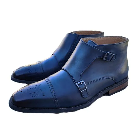 La Milano Blue Burnished Leather Double Monk Strap Cap Toe Boots 13