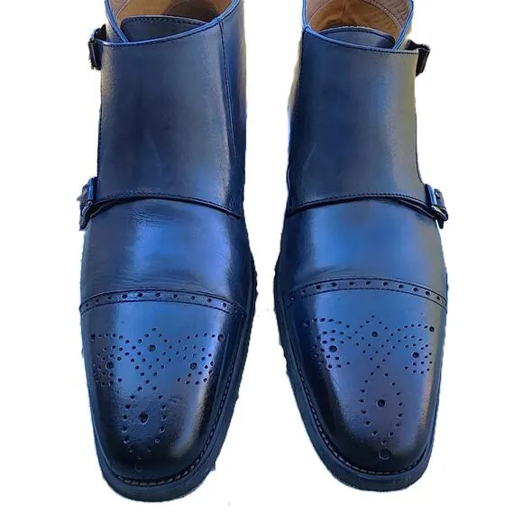 La Milano Blue Burnished Leather Double Monk Strap Cap Toe Boots 13