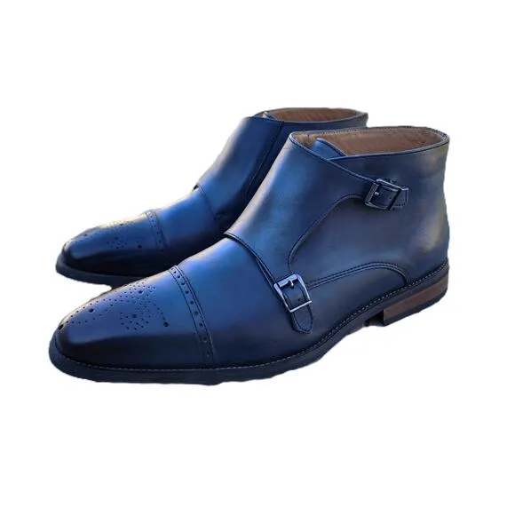 La Milano Blue Burnished Leather Double Monk Strap Cap Toe Boots 13