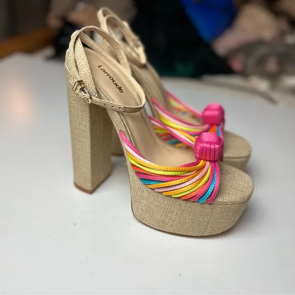 Larroudé Valerie 140MM Multicolored Satin Knotted Leather Platform Heel NWOT 9.5