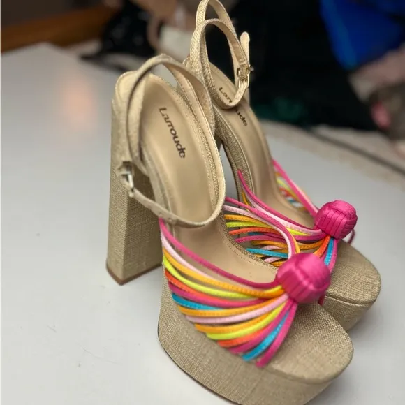 Larroudé Valerie 140MM Multicolored Satin Knotted Leather Platform Heel NWOT 9.5