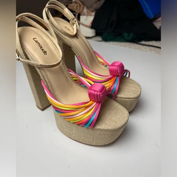 Larroudé Valerie 140MM Multicolored Satin Knotted Leather Platform Heel NWOT 9.5