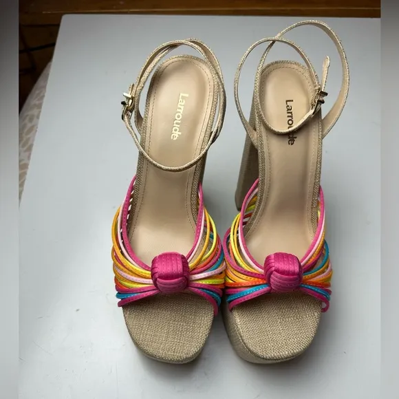Larroudé Valerie 140MM Multicolored Satin Knotted Leather Platform Heel NWOT 9.5