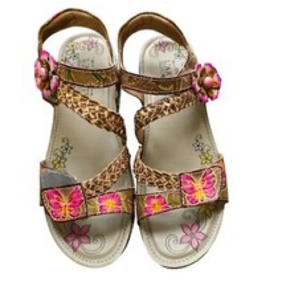 L'Artiste Brissa Sandals- Grey/Multicolor Butterfly Floral Print Women’s Sandals