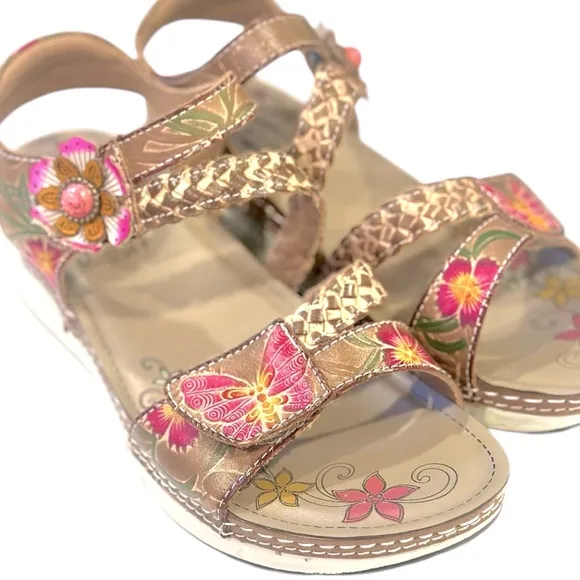 L'Artiste Brissa Sandals- Grey/Multicolor Butterfly Floral Print Women’s Sandals