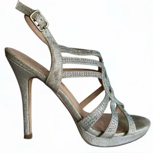 LAUREN LORRAINE Silver Crystal Platform Stiletto Heels Metallic Shoes | Size 6.5