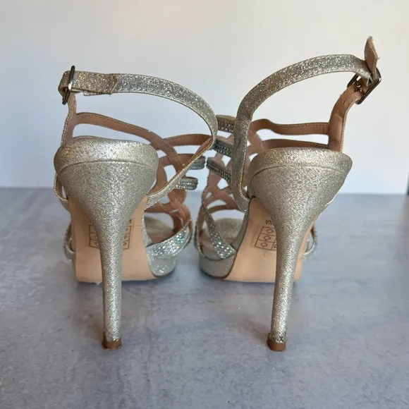LAUREN LORRAINE Silver Crystal Platform Stiletto Heels Metallic Shoes | Size 6.5