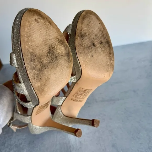 LAUREN LORRAINE Silver Crystal Platform Stiletto Heels Metallic Shoes | Size 6.5
