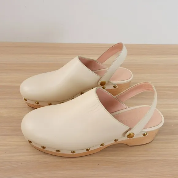 Leather Clogs Ankle Strap Shoes 8 J CREW Cream White Preppy Studded Convertible