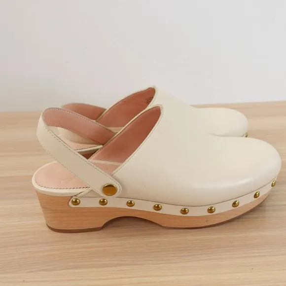 Leather Clogs Ankle Strap Shoes 8 J CREW Cream White Preppy Studded Convertible