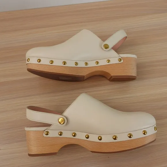Leather Clogs Ankle Strap Shoes 8 J CREW Cream White Preppy Studded Convertible