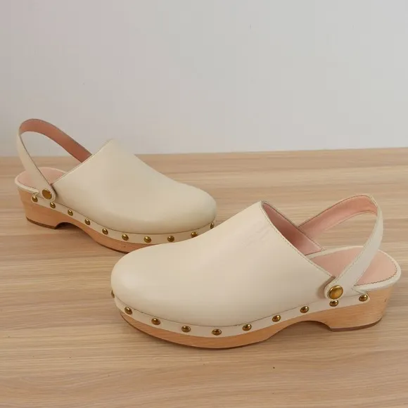 Leather Clogs Ankle Strap Shoes 8 J CREW Cream White Preppy Studded Convertible
