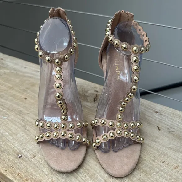 Liliana apricot Tshaped with rivets round toe stiletto high heels formal party 9