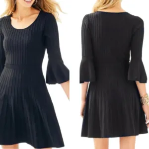 Lilly Pulitzer Brandi Black Onyx Ribbed Fit &amp; Flare Dress Bell Sleeves XL