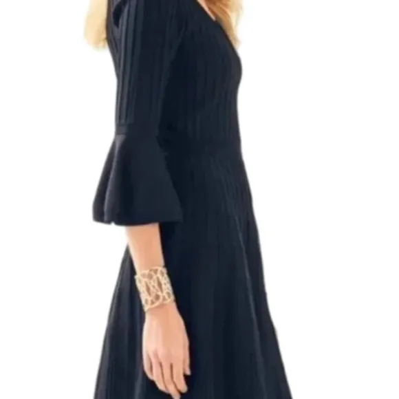 Lilly Pulitzer Brandi Black Onyx Ribbed Fit &amp; Flare Dress Bell Sleeves XL