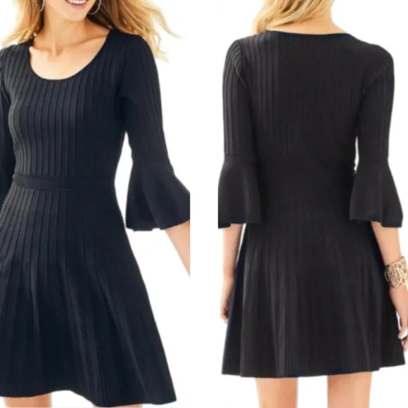 Lilly Pulitzer Brandi Black Onyx Ribbed Fit &amp; Flare Dress Bell Sleeves XL