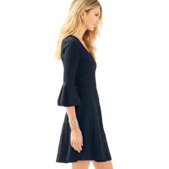 Lilly Pulitzer Brandi Black Onyx Ribbed Fit &amp; Flare Dress Bell Sleeves XL