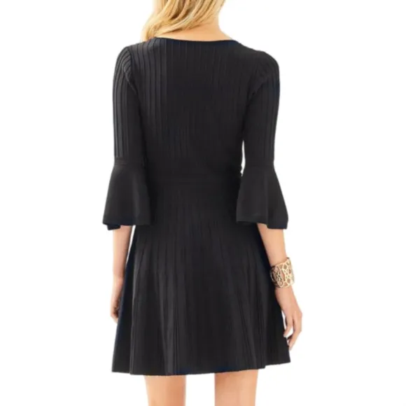 Lilly Pulitzer Brandi Black Onyx Ribbed Fit &amp; Flare Dress Bell Sleeves XL